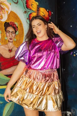 Shop Queen Of Sparkles Pink/Purple Metallic Puff Sleeve Crop
