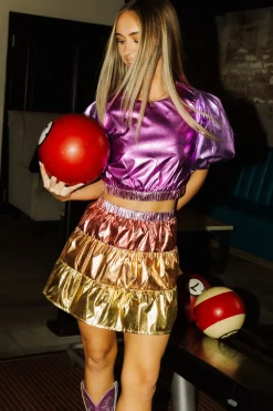 Shop Queen Of Sparkles Pink/Purple Metallic Puff Sleeve Crop