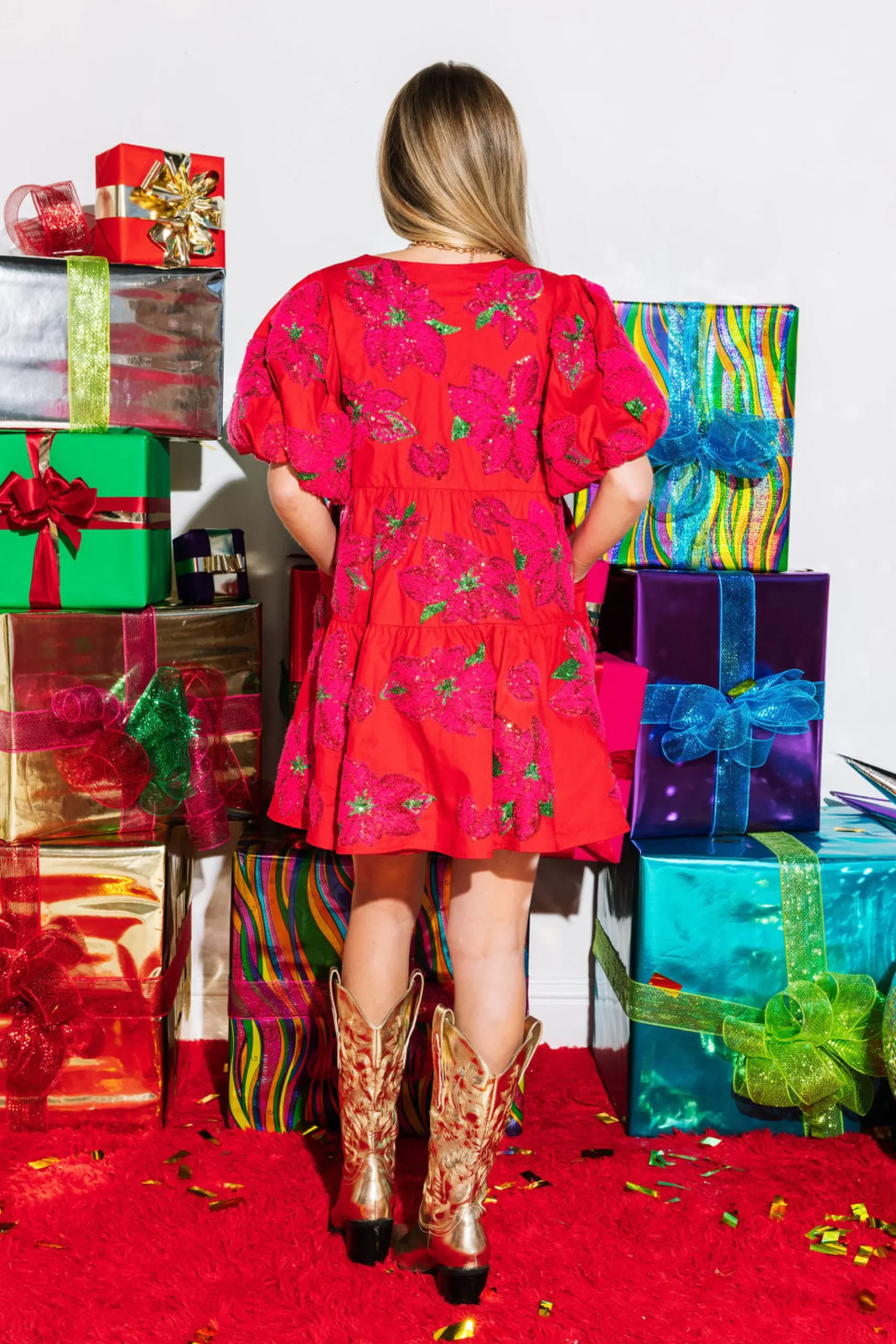 Best Sale Queen Of Sparkles Poinsettia Poof Sleeve Dress Red