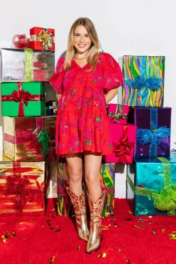 Best Sale Queen Of Sparkles Poinsettia Poof Sleeve Dress Red