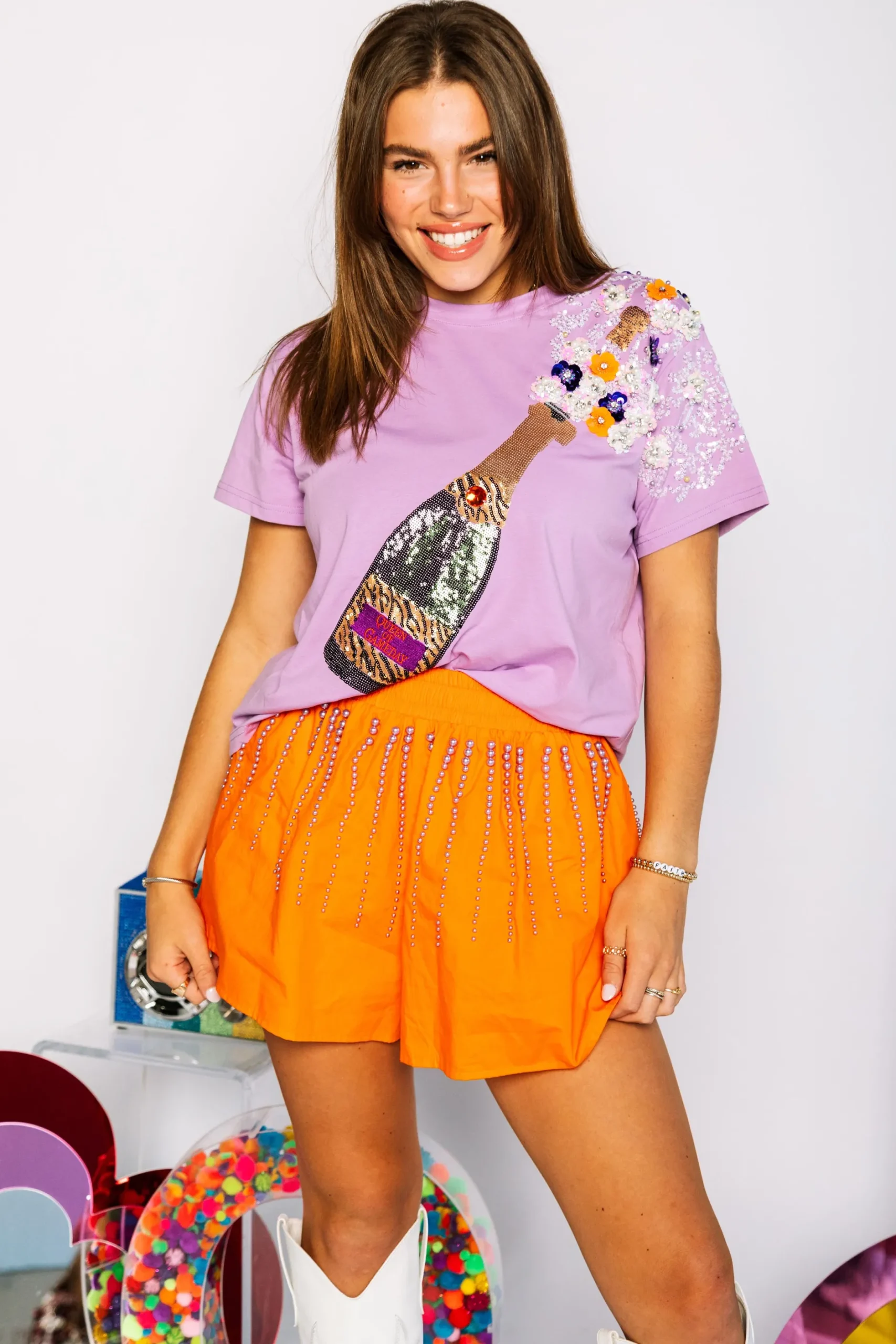 Discount Queen Of Sparkles Purp E & Orange Tiger Print Popping Cha Pagne Tee