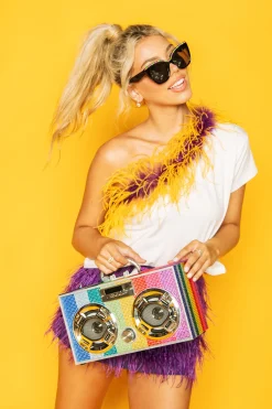 Flash Sale Queen Of Sparkles Purple & Gold One Shoulder Feather Tee White