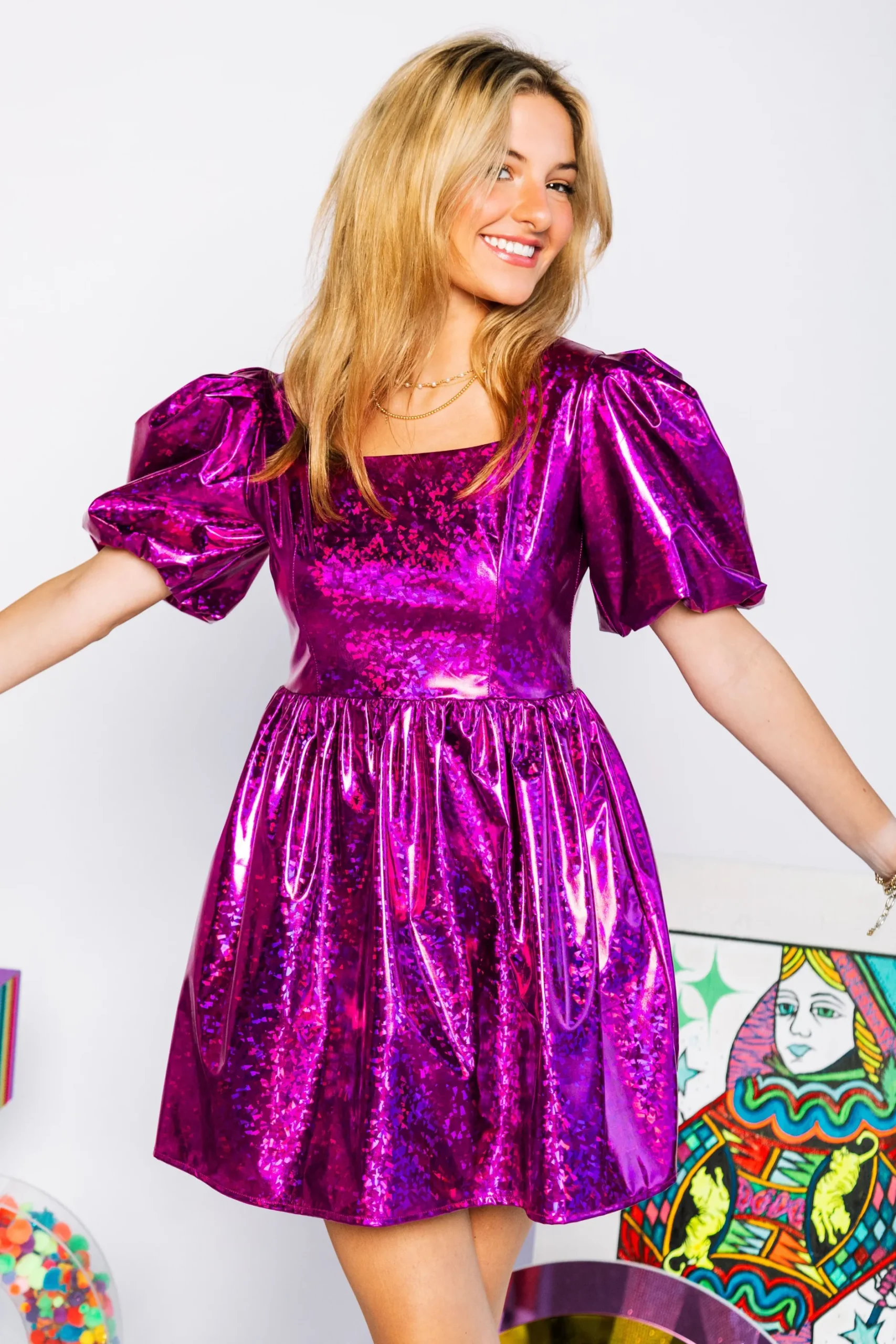Shop Queen Of Sparkles Purple Holographic Poof Sleeve Dress