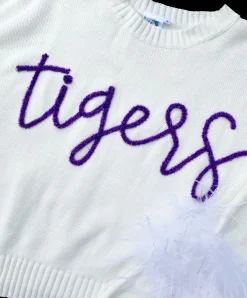 Cheap Queen Of Sparkles Purple"Tigers" Feather Sleeve Sweater