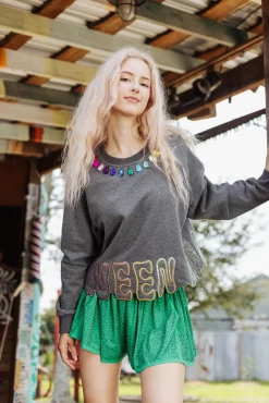 Outlet Queen Of Sparkles Cutout Bottom Sweatshirt Grey