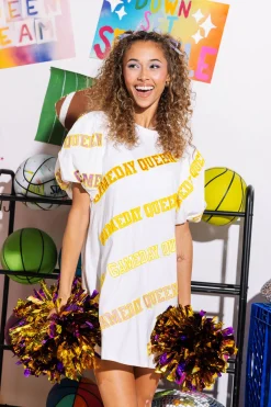 Online Queen Of Sparkles Queen Poof Sleeve Dress White