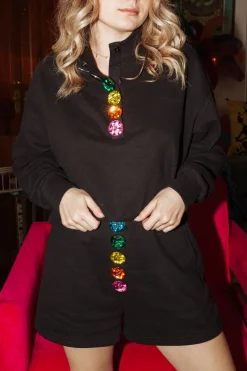 Cheap Queen Of Sparkles Rainbow Button Henley Short Black