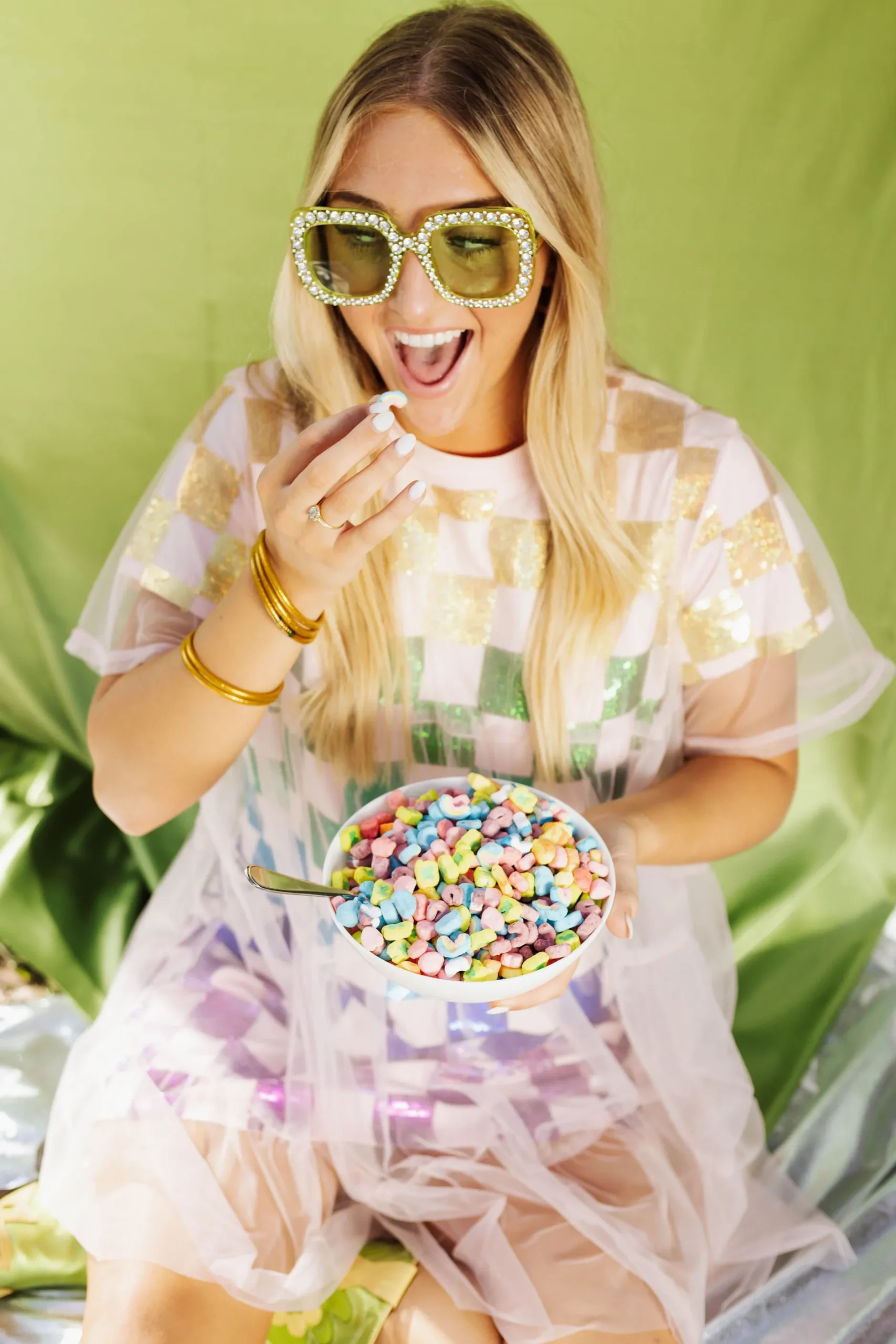 Cheap Queen Of Sparkles Rainbow Checkered Mesh Overlay Tee Dress