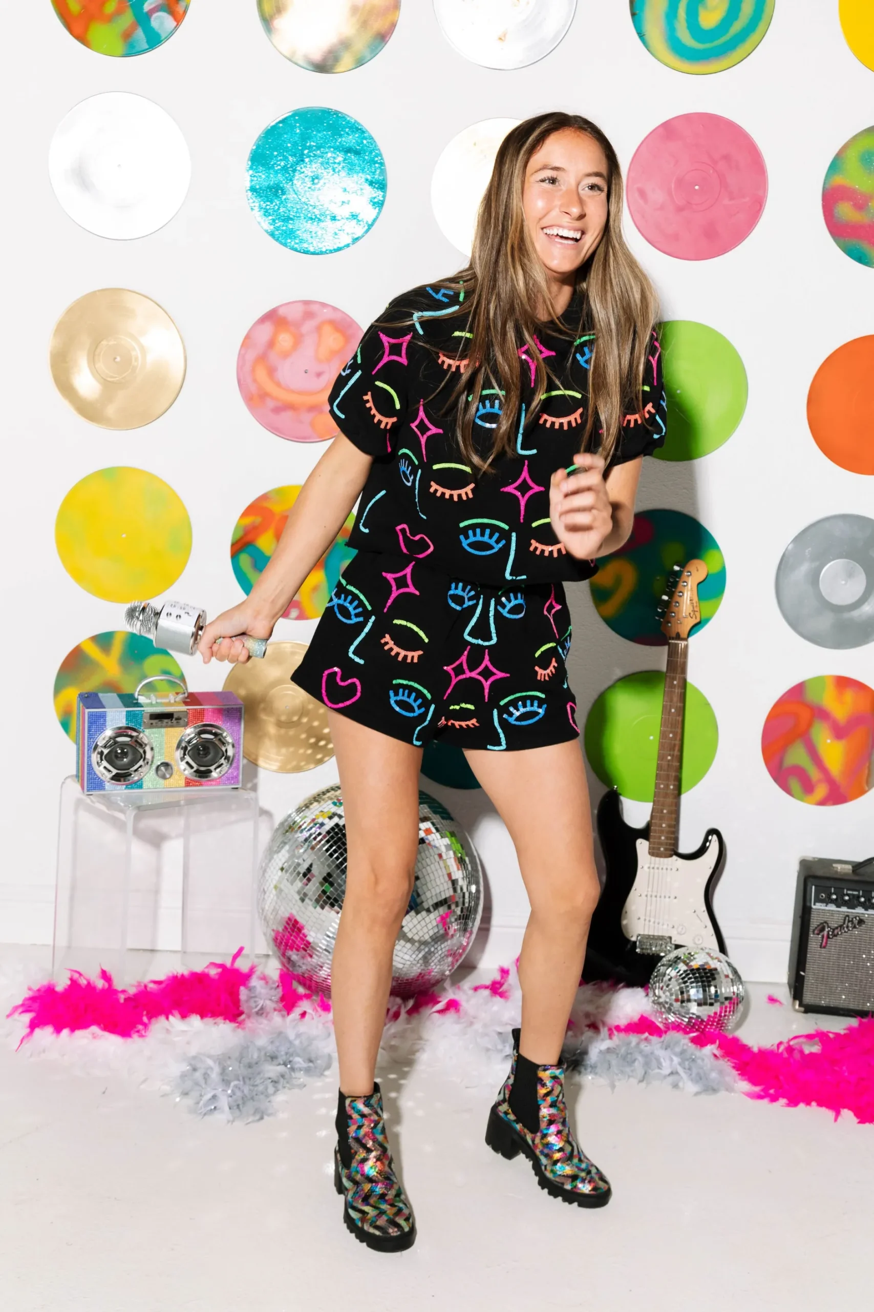 Discount Queen Of Sparkles Rainbow Faces Poof Sleeve Top