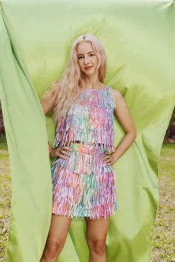Discount Queen Of Sparkles Rainbow Leather Fringe Belt Skirt