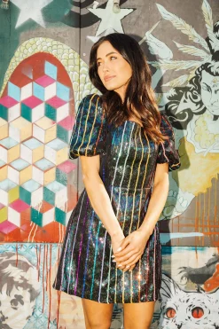 Outlet Queen Of Sparkles Rainbow Sequin Stripe Dress With Black Sleeves