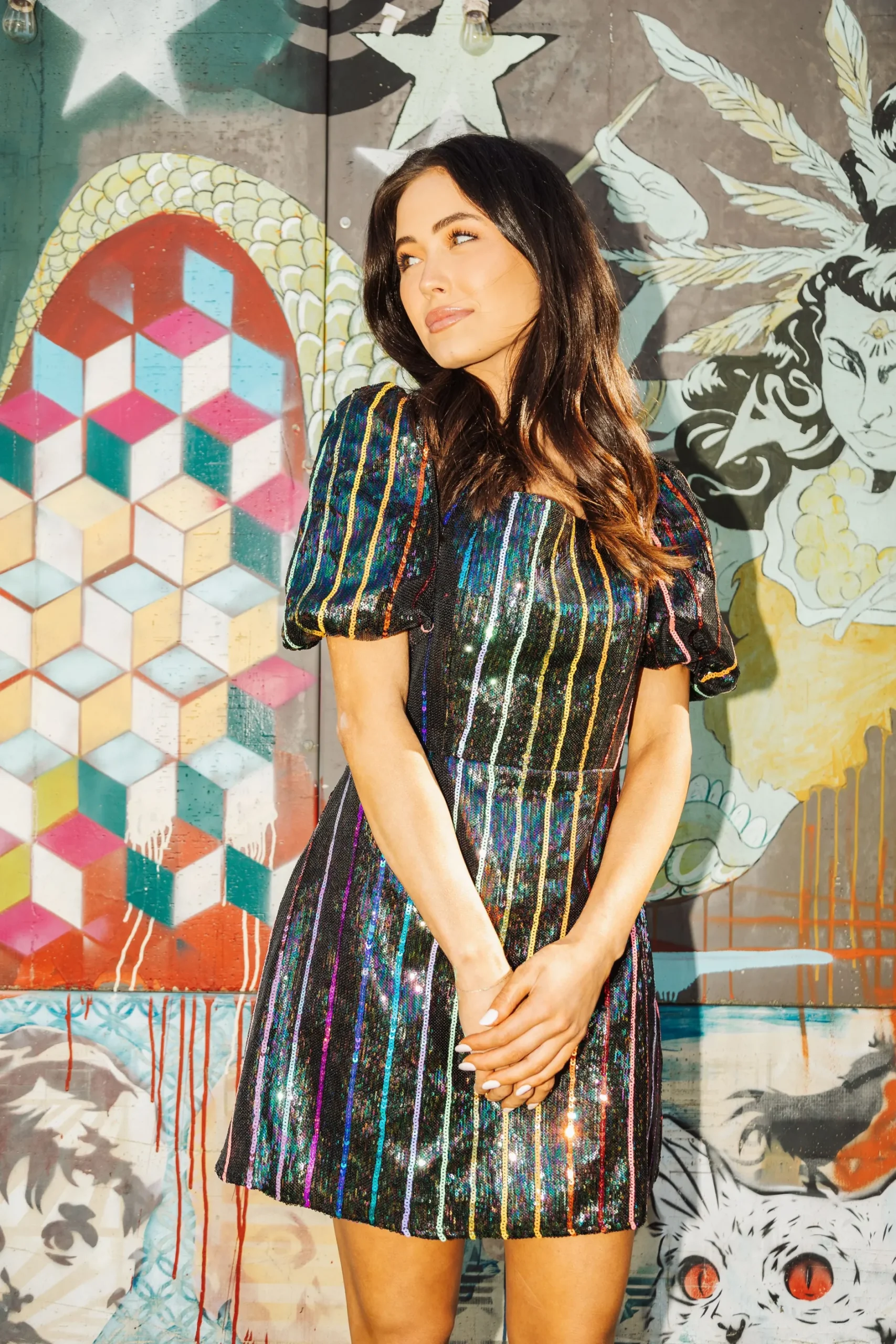 Outlet Queen Of Sparkles Rainbow Sequin Stripe Dress With Black Sleeves