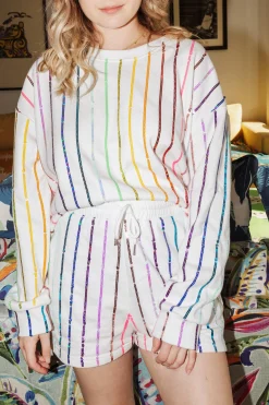 Best Sale Queen Of Sparkles Rainbow Sequin Stripe Sweatshirt White/Rainbow