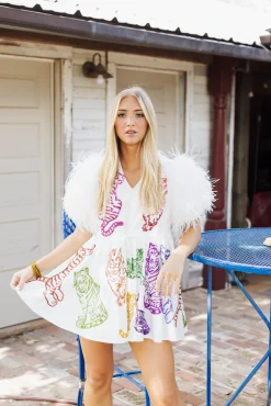 Clearance Queen Of Sparkles Rainbow Tigers Feather Sleeve Dress White