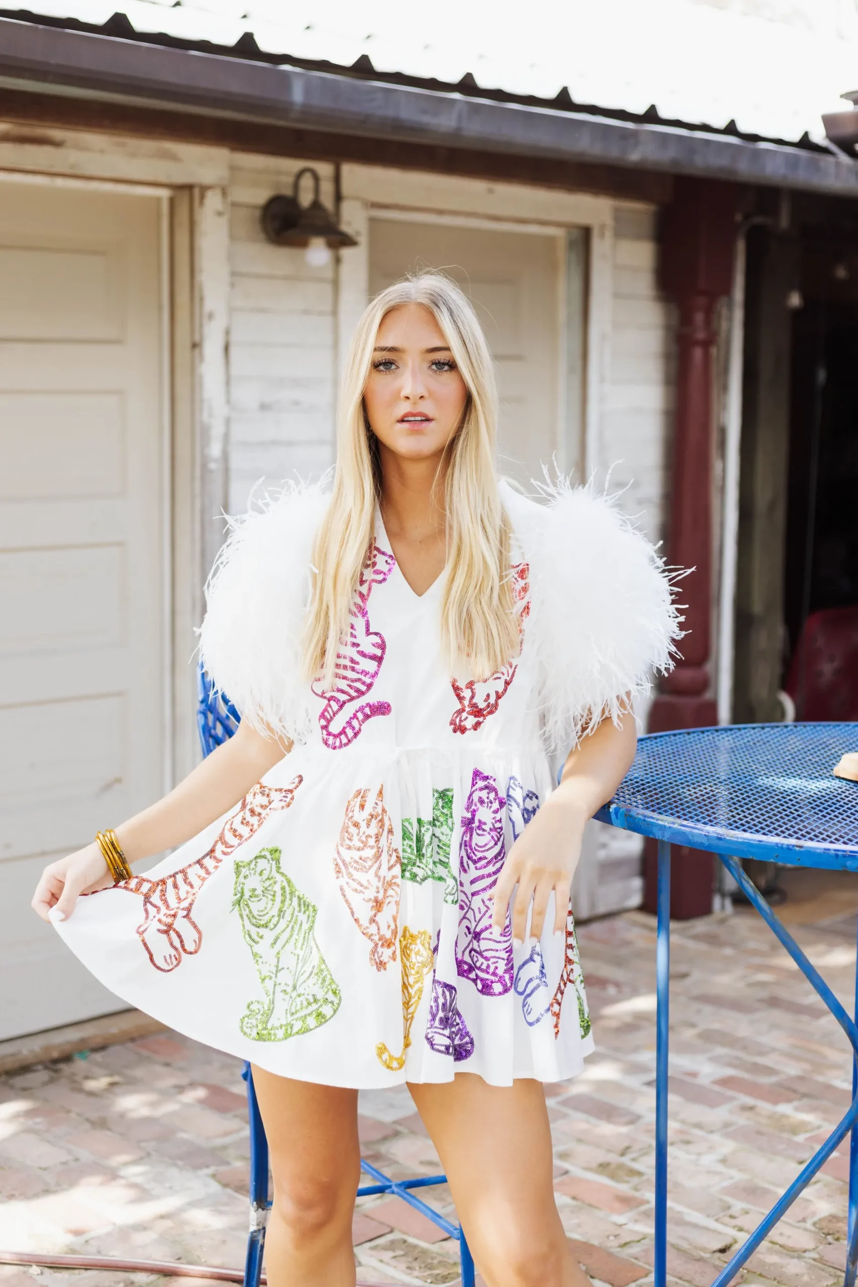 Clearance Queen Of Sparkles Rainbow Tigers Feather Sleeve Dress White
