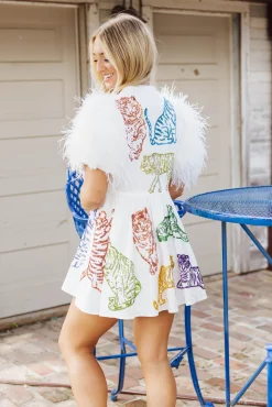 Clearance Queen Of Sparkles Rainbow Tigers Feather Sleeve Dress White