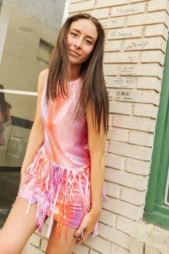 Discount Queen Of Sparkles Red & Purple Leather Fringe Tank