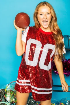 Best Queen Of Sparkles Red & White Full Sequin Jersey Dress