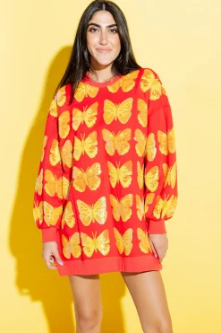 Outlet Queen Of Sparkles Red & Yellow Butterfly Sweatshirt Dress