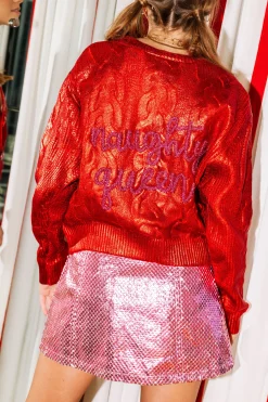 Best Queen Of Sparkles Red Metallic Naughty Queen Cardigan