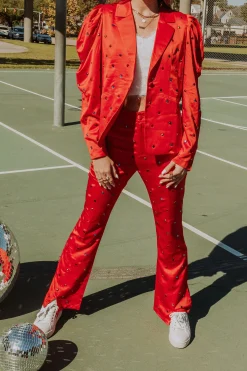 Discount Queen Of Sparkles Red Poof Sleeve Rhinestone Blazer