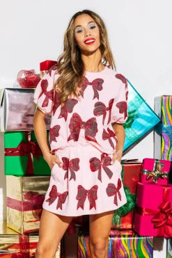 Store Queen Of Sparkles Red Scattered Pearl Bow Top Pink