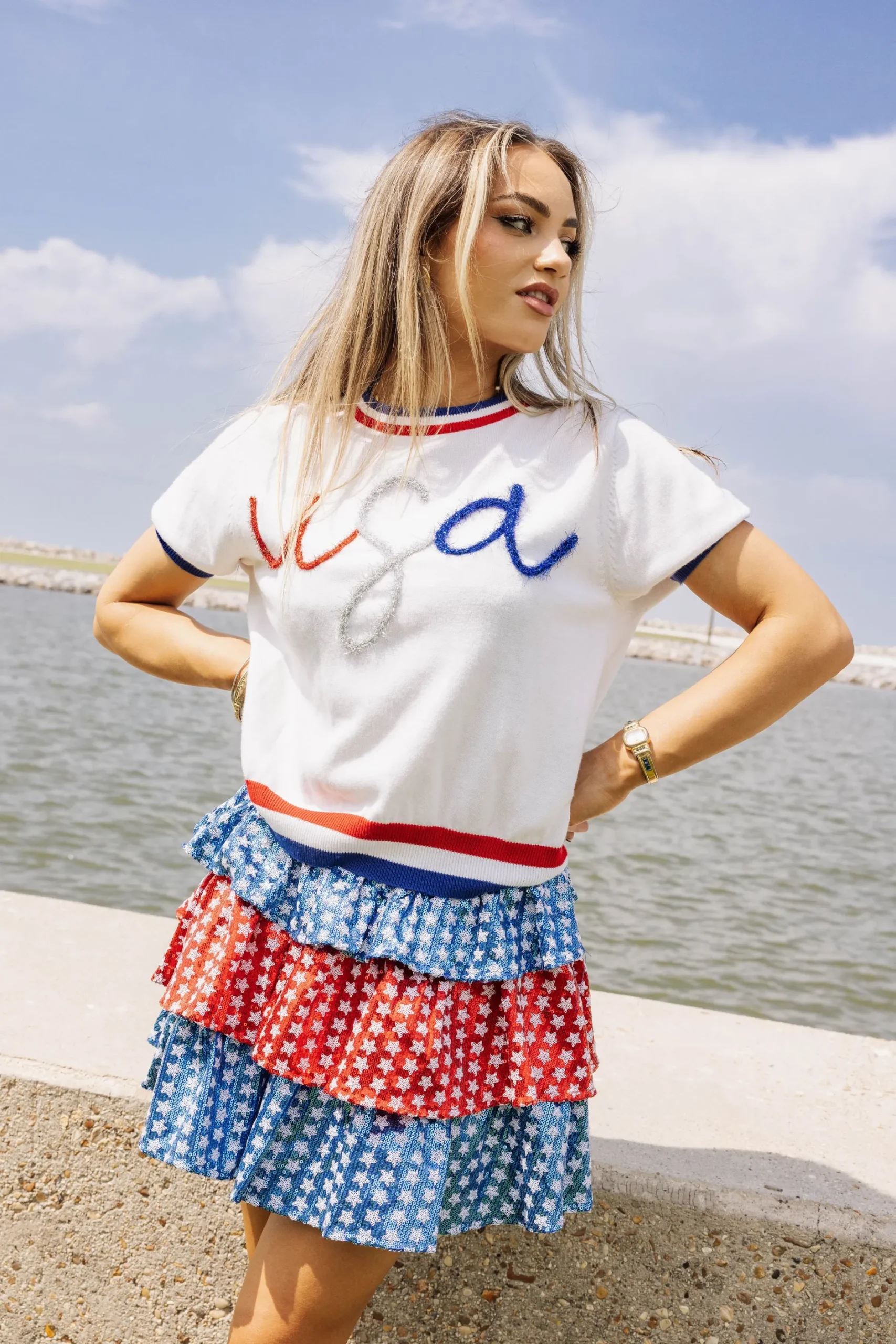 Cheap Queen Of Sparkles Red, White & Blue Sequin Star Skort
