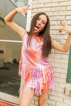 Outlet Queen Of Sparkles Red/Purple Leather Long Fringe Skirt