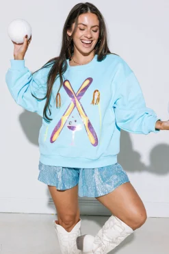 Shop Queen Of Sparkles Rhinestone Crossing Ski & Cocktail Sweatshirt Aqua