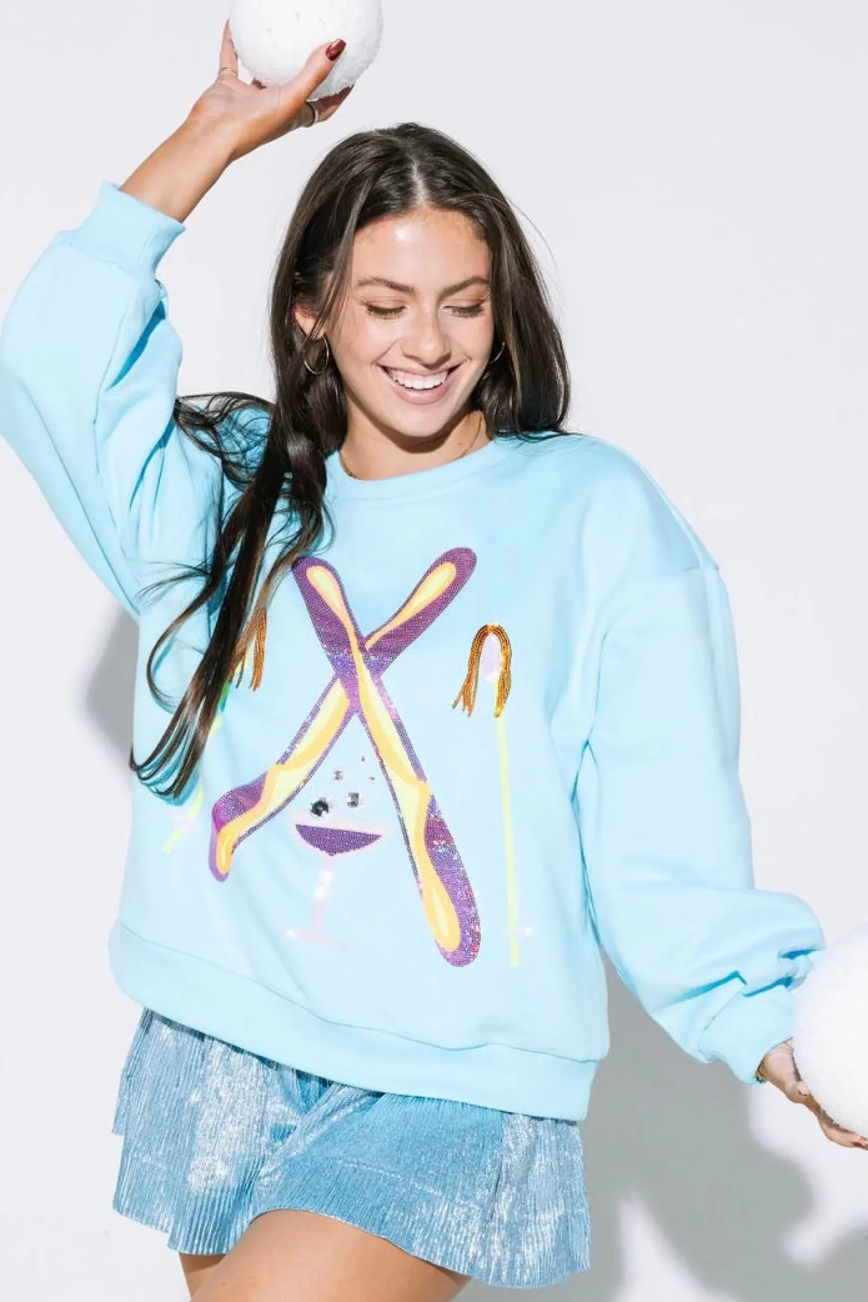 Shop Queen Of Sparkles Rhinestone Crossing Ski & Cocktail Sweatshirt Aqua