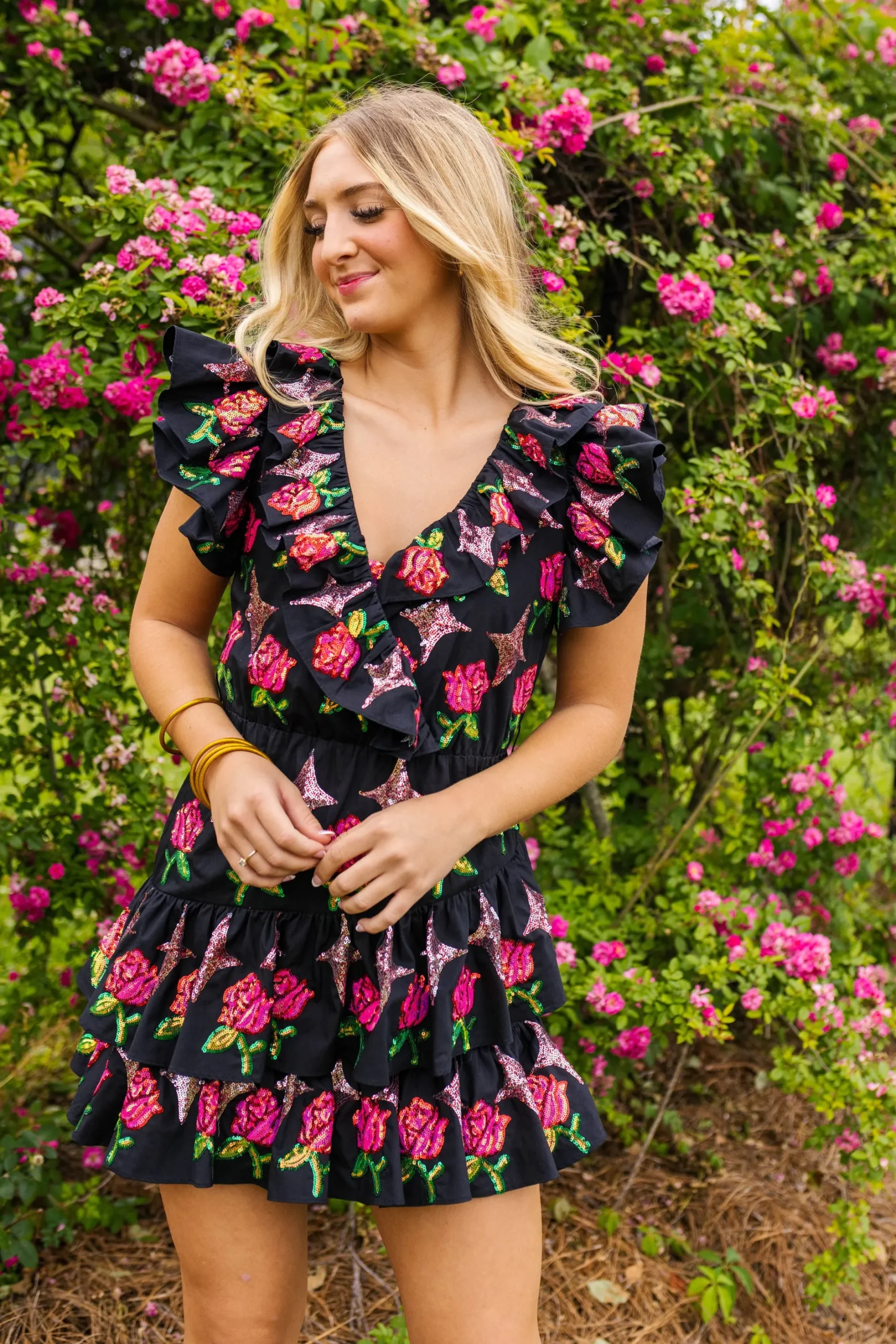 Shop Queen Of Sparkles Rose & Sparkle Ruffle Dress Black
