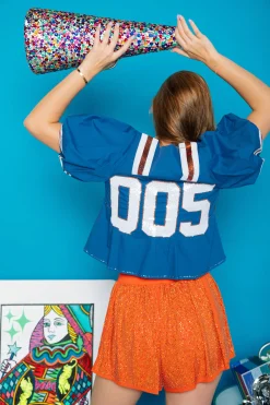 Shop Queen Of Sparkles Royal & Orange Qos Jersey Peplum Top