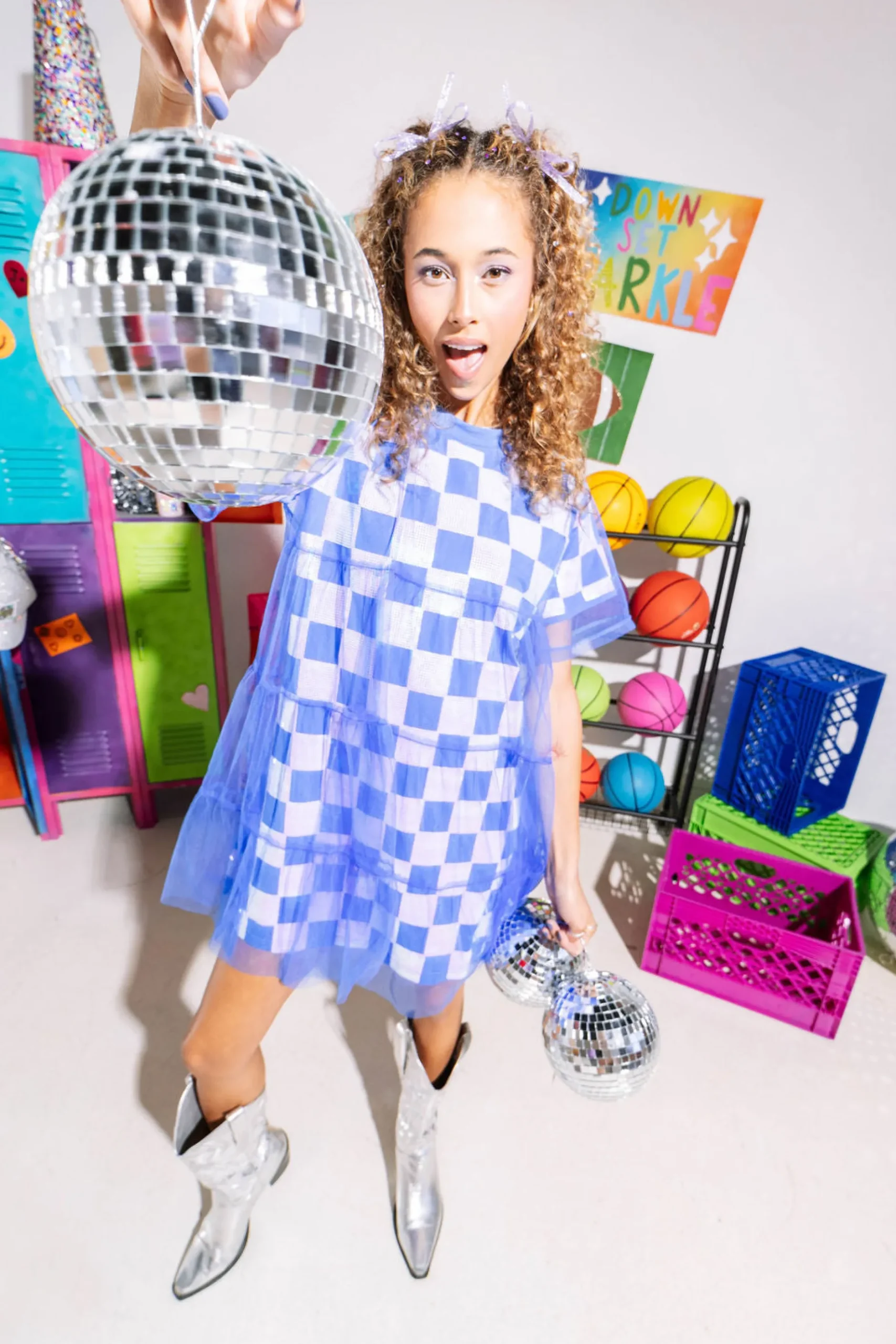 Shop Queen Of Sparkles Royal & White Checkered Mesh Overlay Tee Dress