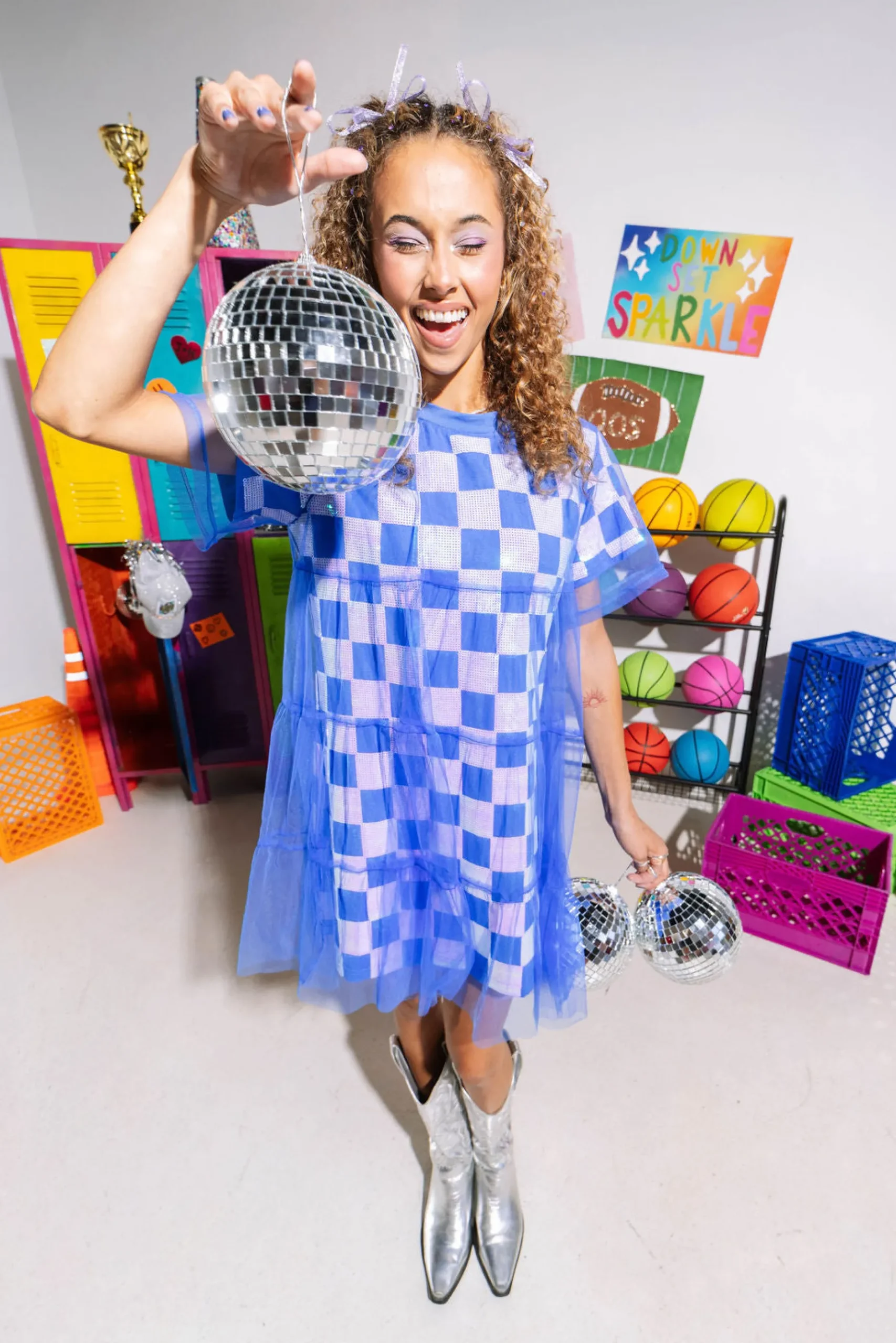 Shop Queen Of Sparkles Royal & White Checkered Mesh Overlay Tee Dress