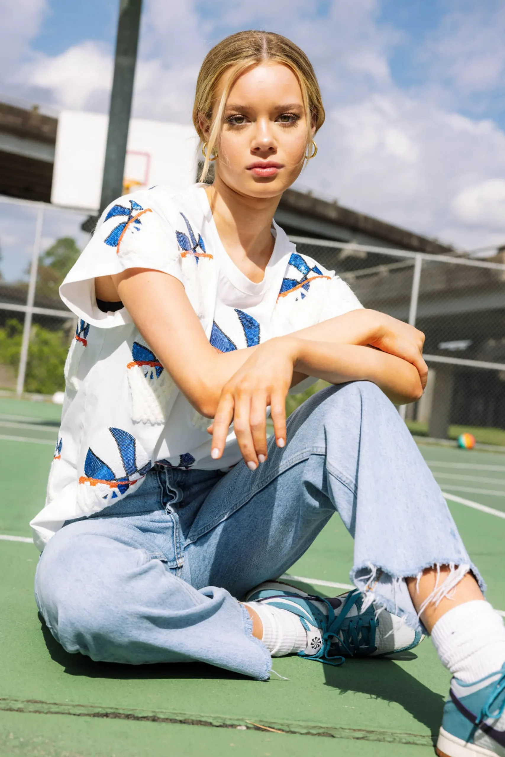 Best Sale Queen Of Sparkles Royal Blue Basketball Hoop Tee White