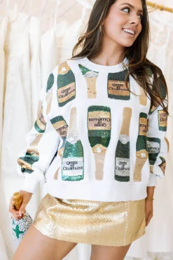 New Queen Of Sparkles Scattered Champagne Bottle Sweatshirt White