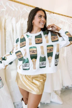 New Queen Of Sparkles Scattered Champagne Bottle Sweatshirt White