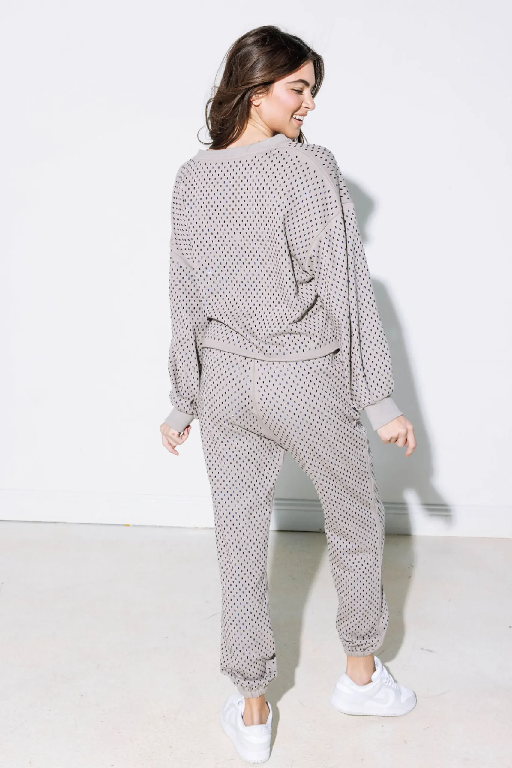 Discount Queen Of Sparkles Scattered Rhinestone Jogger Grey