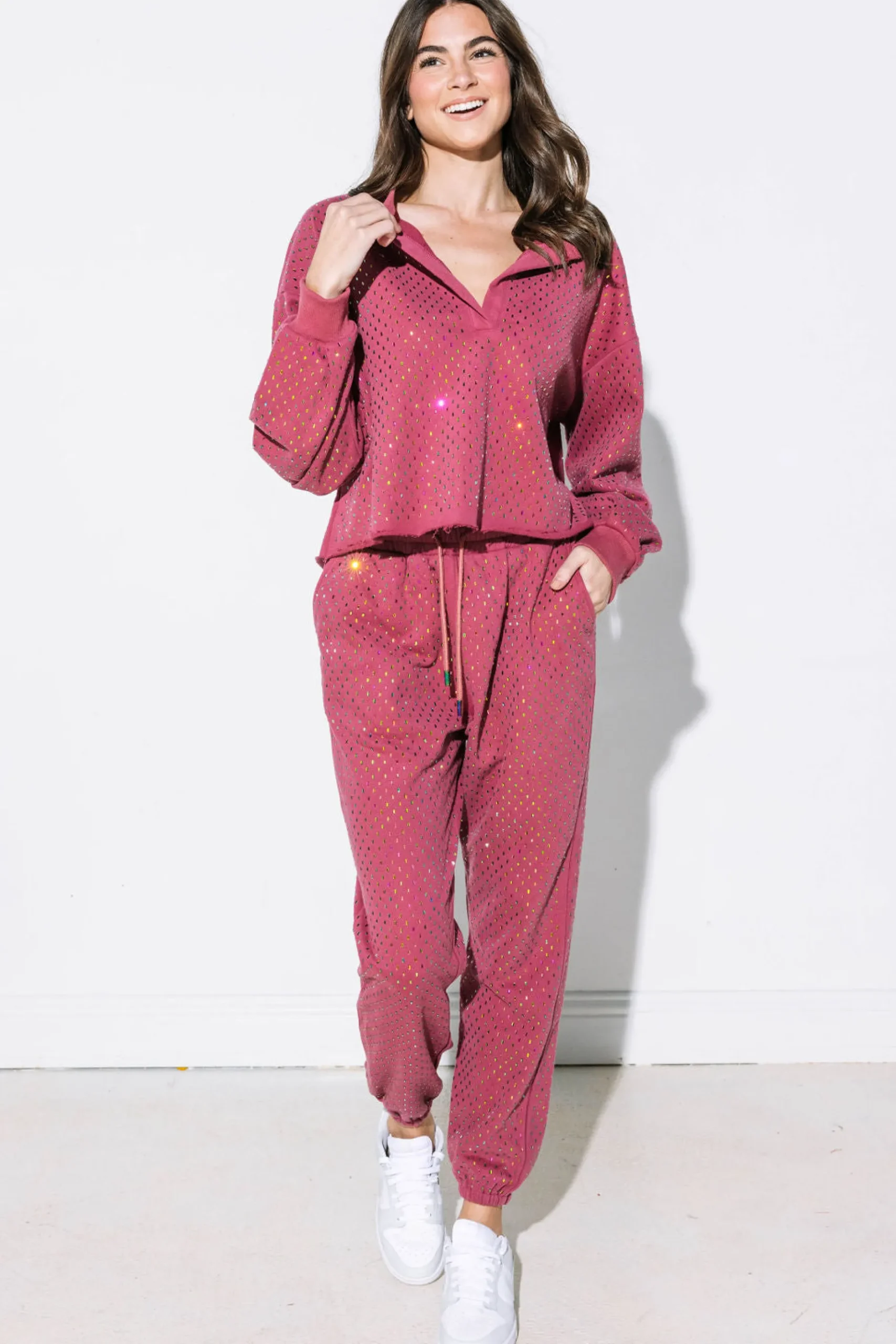 Online Queen Of Sparkles Scattered Rhinestone Jogger Mauve