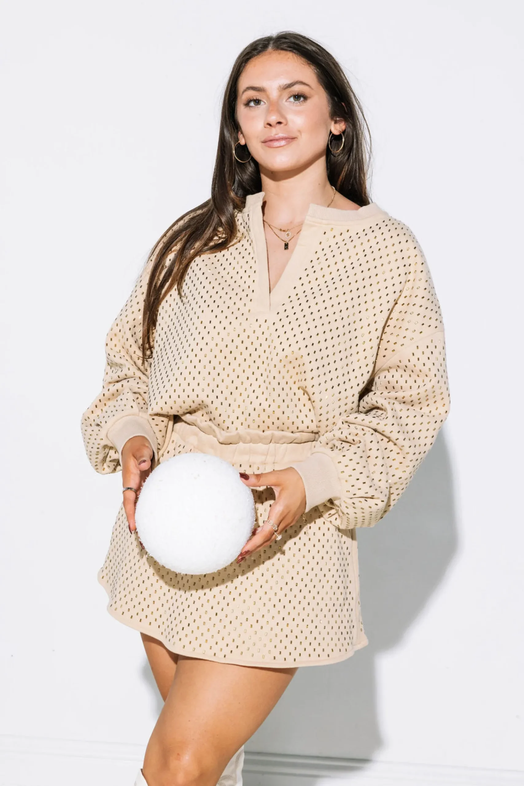 Shop Queen Of Sparkles Scattered Rhinestone Sweatshirt Beige