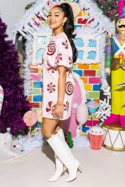 Fashion Queen Of Sparkles Sequin Poof Sleeve Peppermint Dress Light Pink