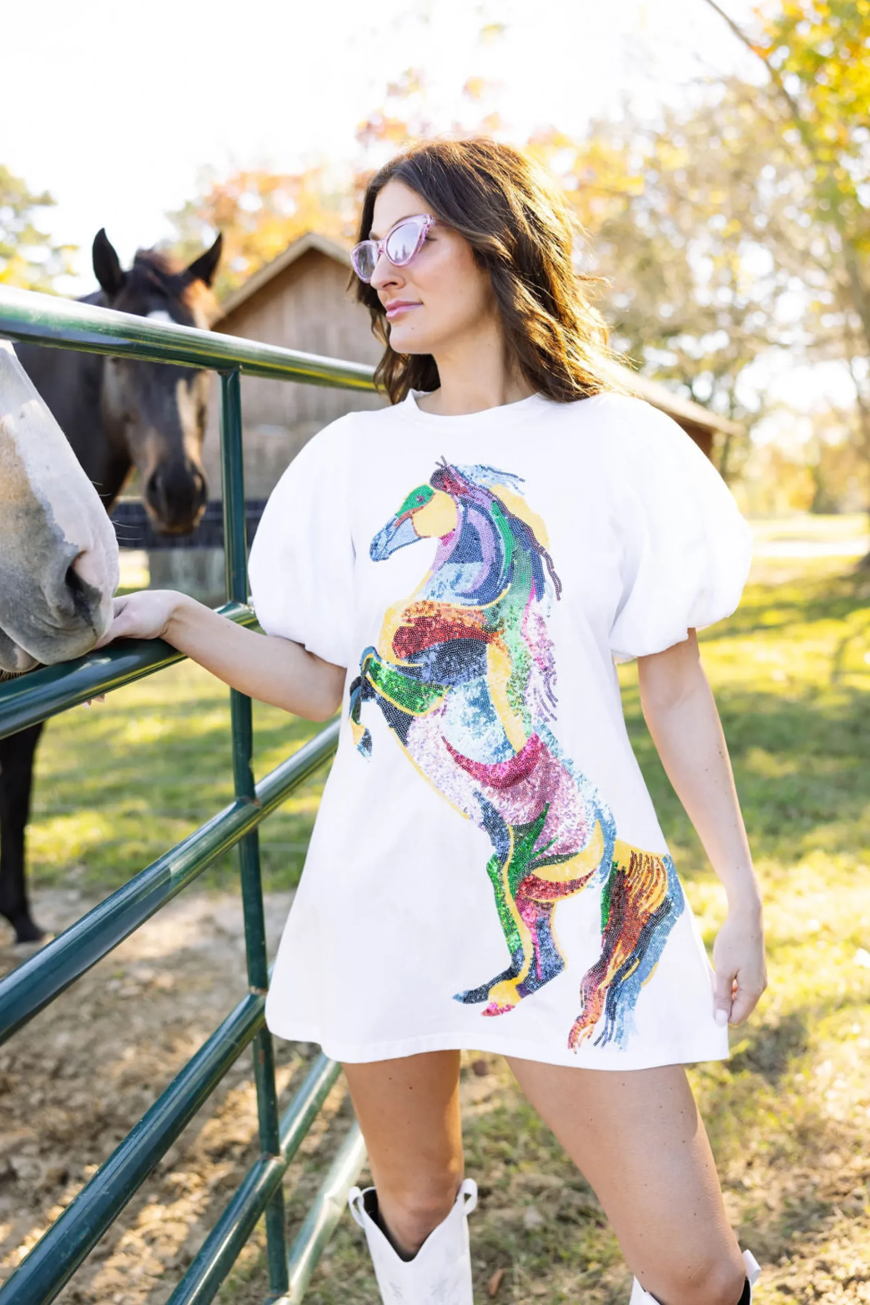 Shop Queen Of Sparkles Sequin Poof Sleeve Rainbow Horse Dress White