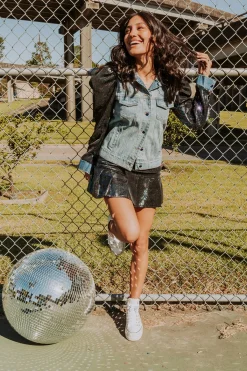 Online Queen Of Sparkles Sequin Puff Sleeve Denim Jacket