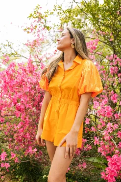 Hot Queen Of Sparkles Sequin Sleeve Romper Neon Orange