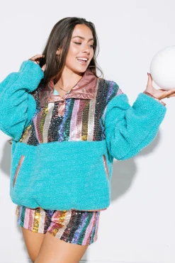 Best Queen Of Sparkles Sequin Stripe Teal Fleece