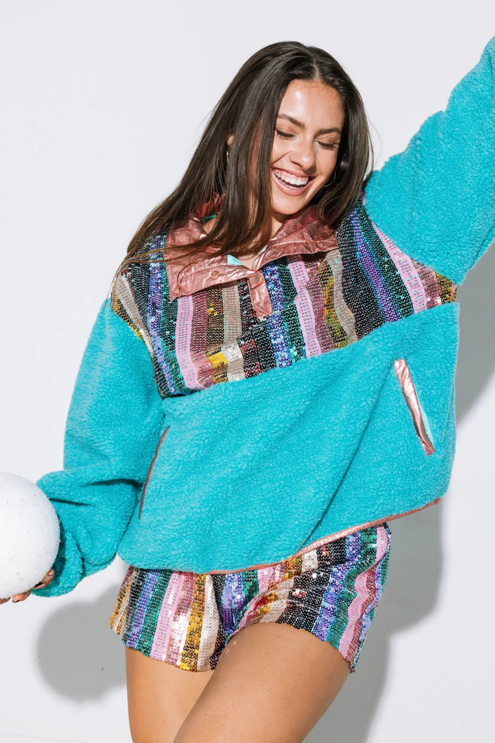 Best Queen Of Sparkles Sequin Stripe Teal Fleece
