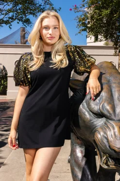 Shop Queen Of Sparkles Sequin Tiger Poof Sleeve Tee Dress Black