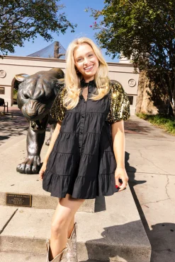 Sale Queen Of Sparkles Sequin Tiger Sleeve Tiered Cotton Dress Black