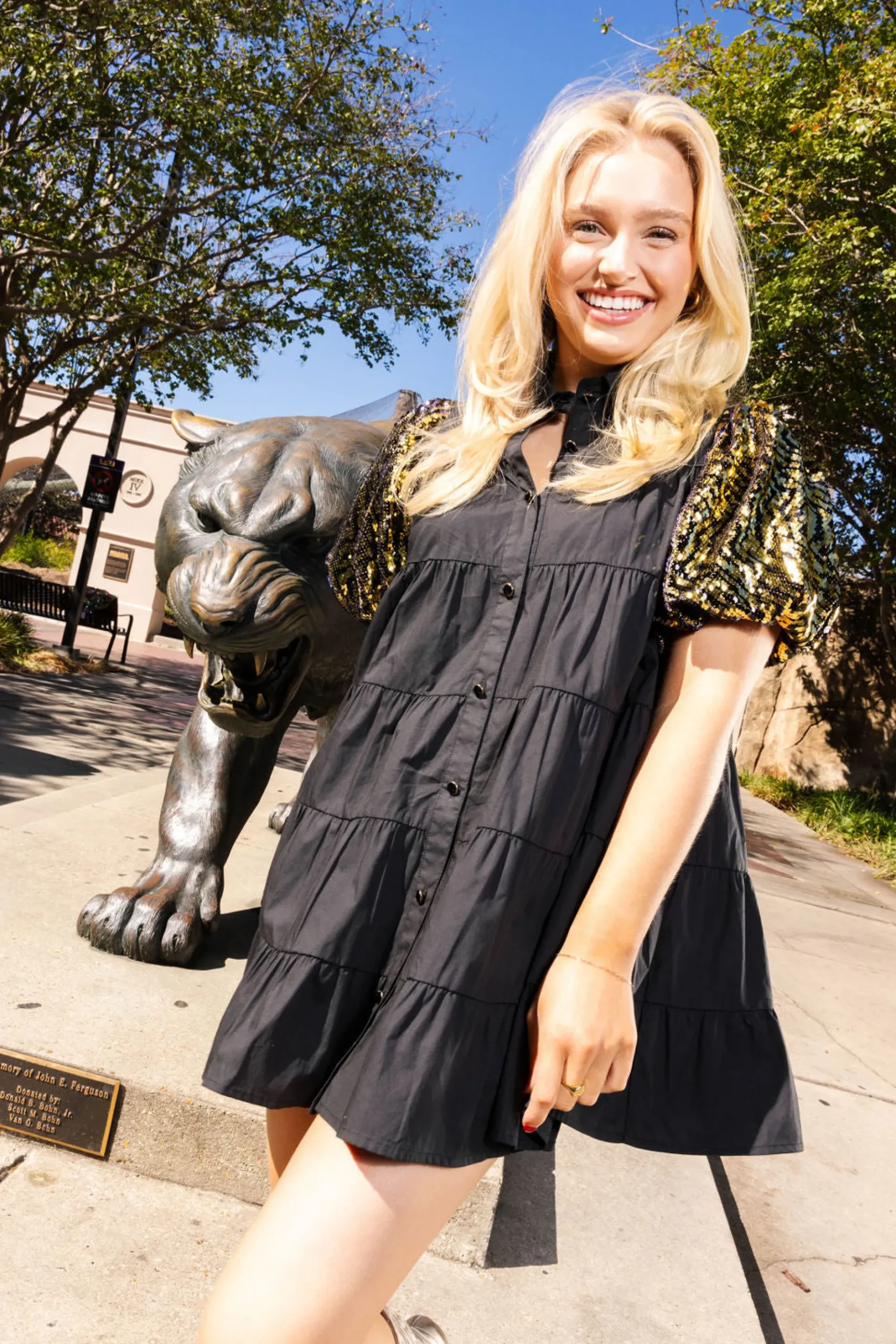 Sale Queen Of Sparkles Sequin Tiger Sleeve Tiered Cotton Dress Black