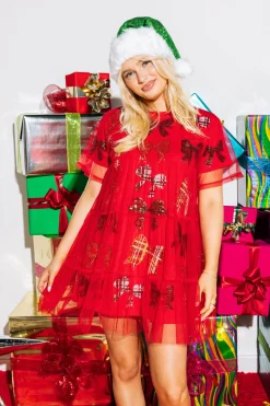 Store Queen Of Sparkles Sheer Plaid Bow Overlay Dress Red